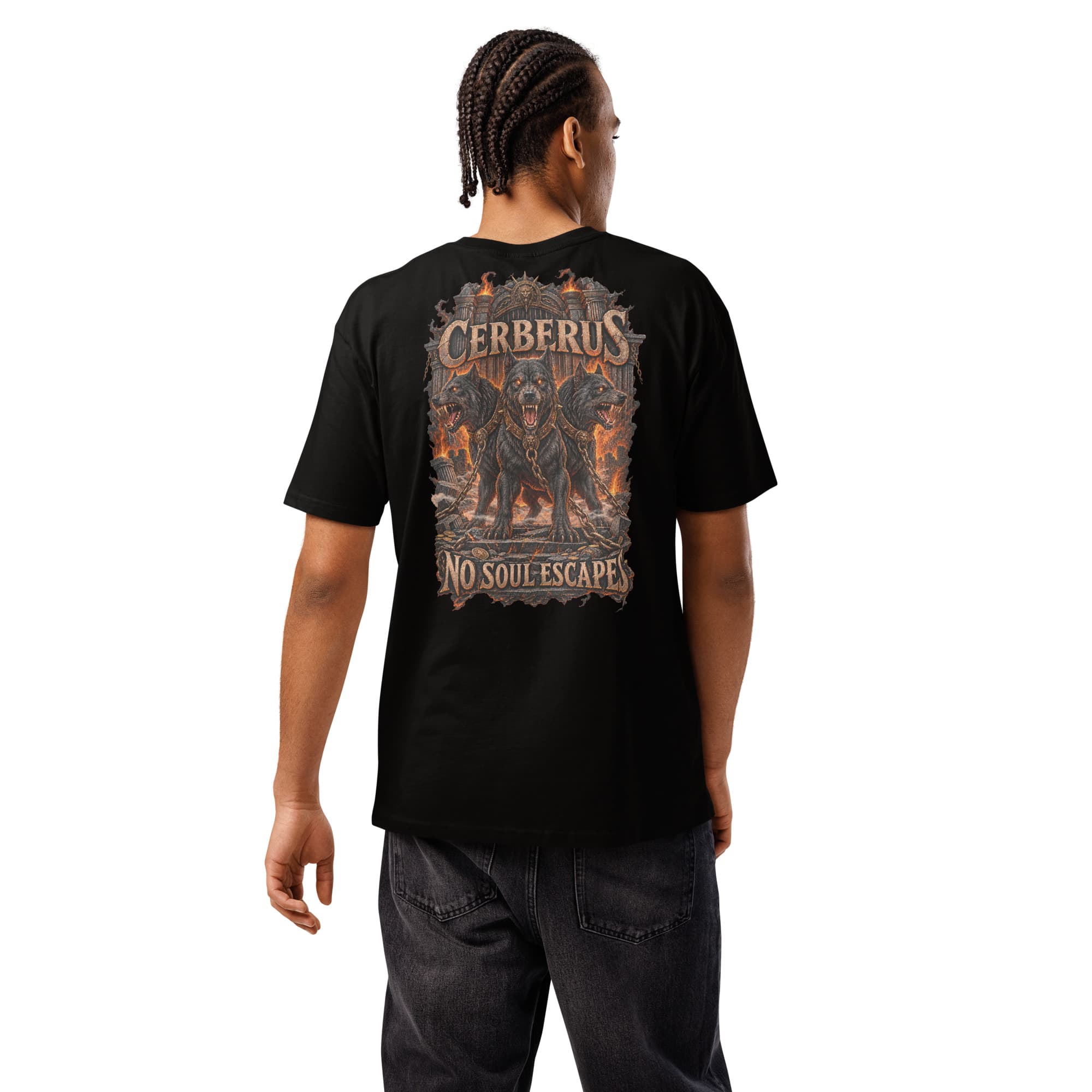 Cerberus T-Shirt, Black, Back, worn