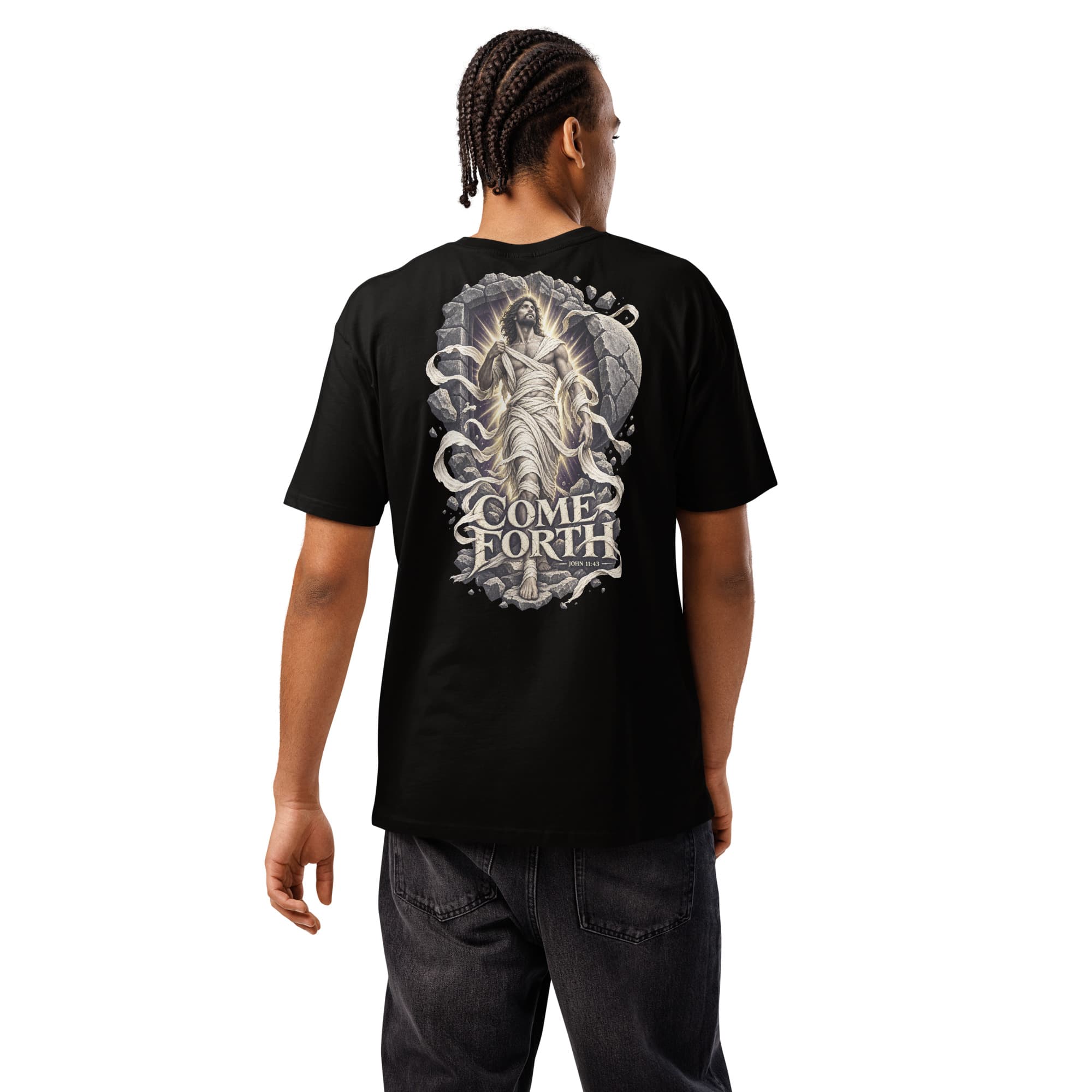 Come Forth T-Shirt, Black, Back, worn