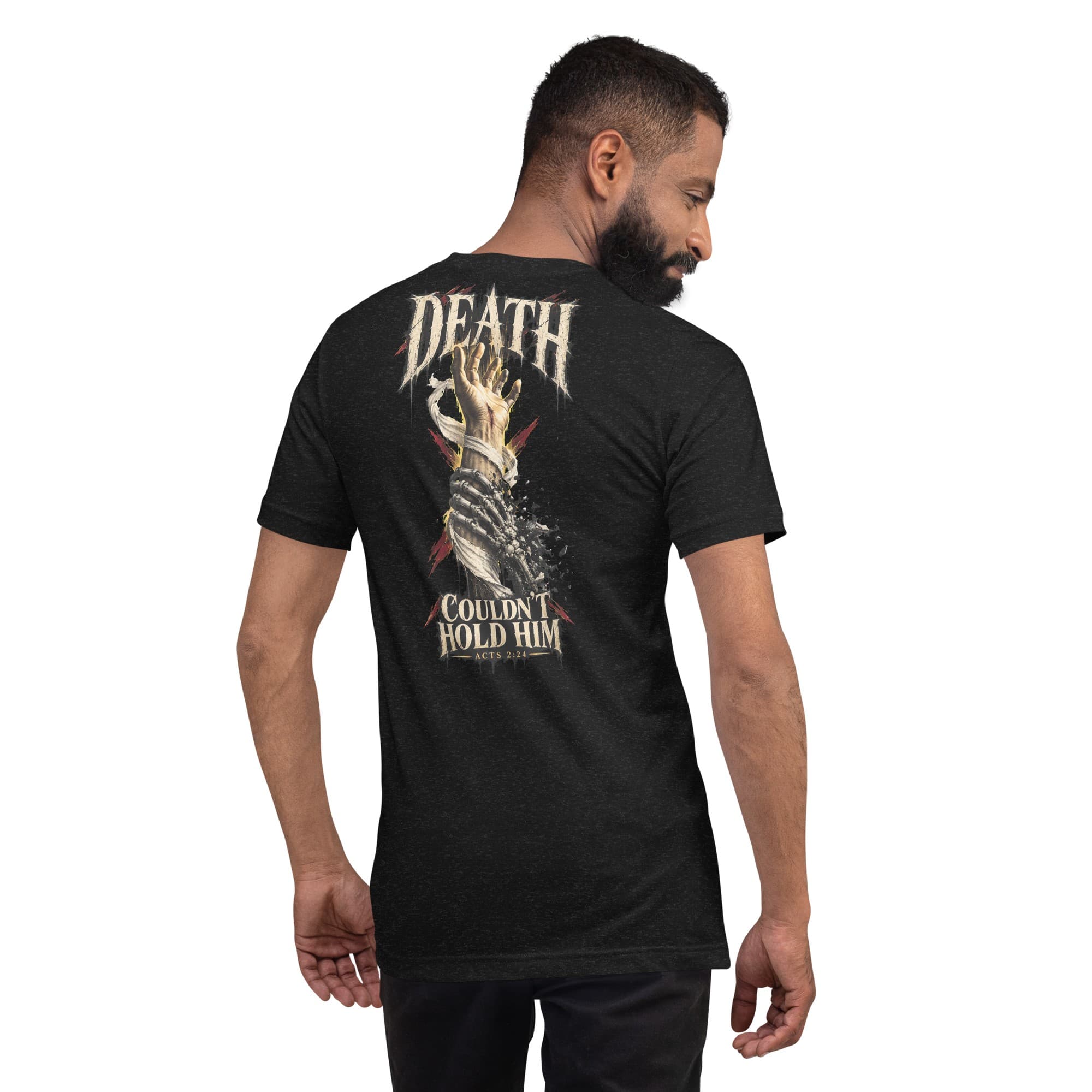 Death Couldn't Hold Him T-Shirt, Black Heather, Back, worn