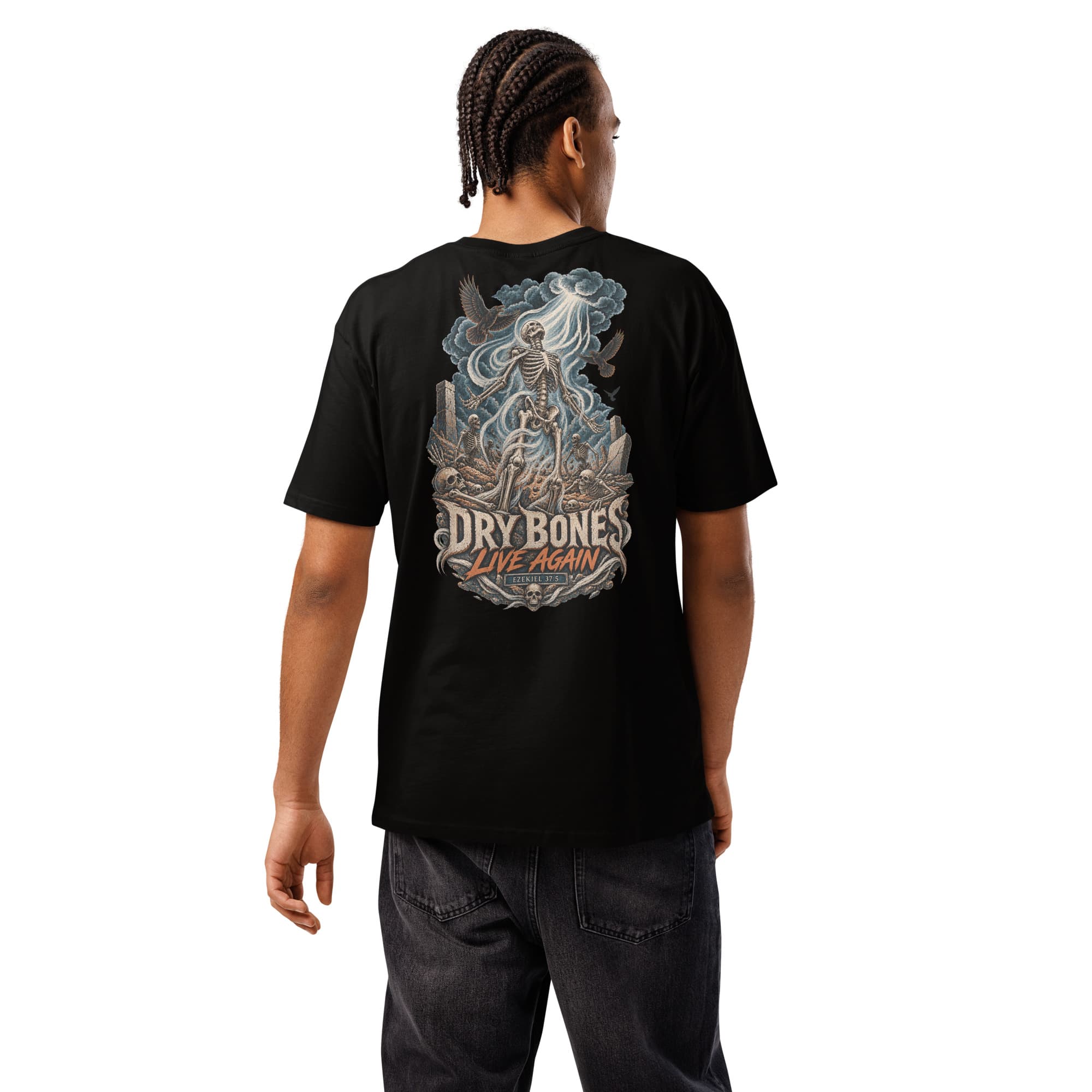 Dry Bones T-Shirt, Black, Back, worn