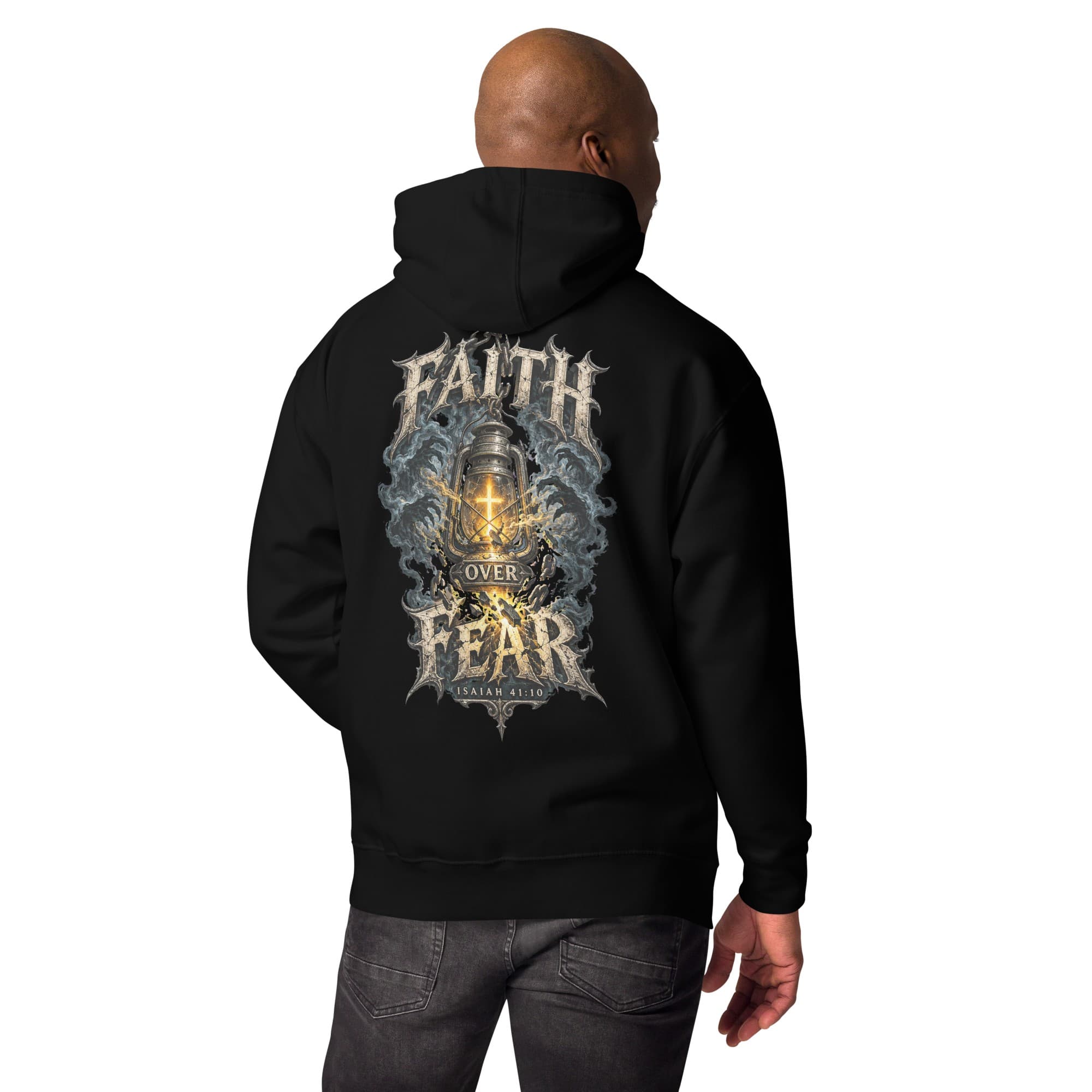 Faith Over Fear Hoodie, Black, Back, worn