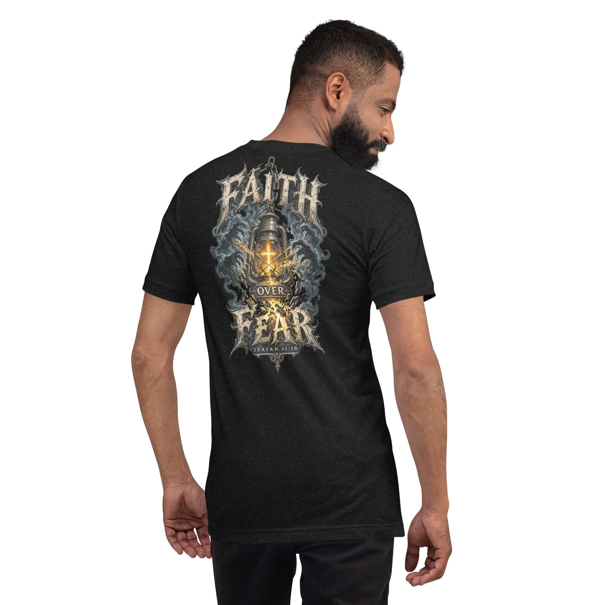 Faith Over Fear T-Shirt, Black Heather, Back, worn