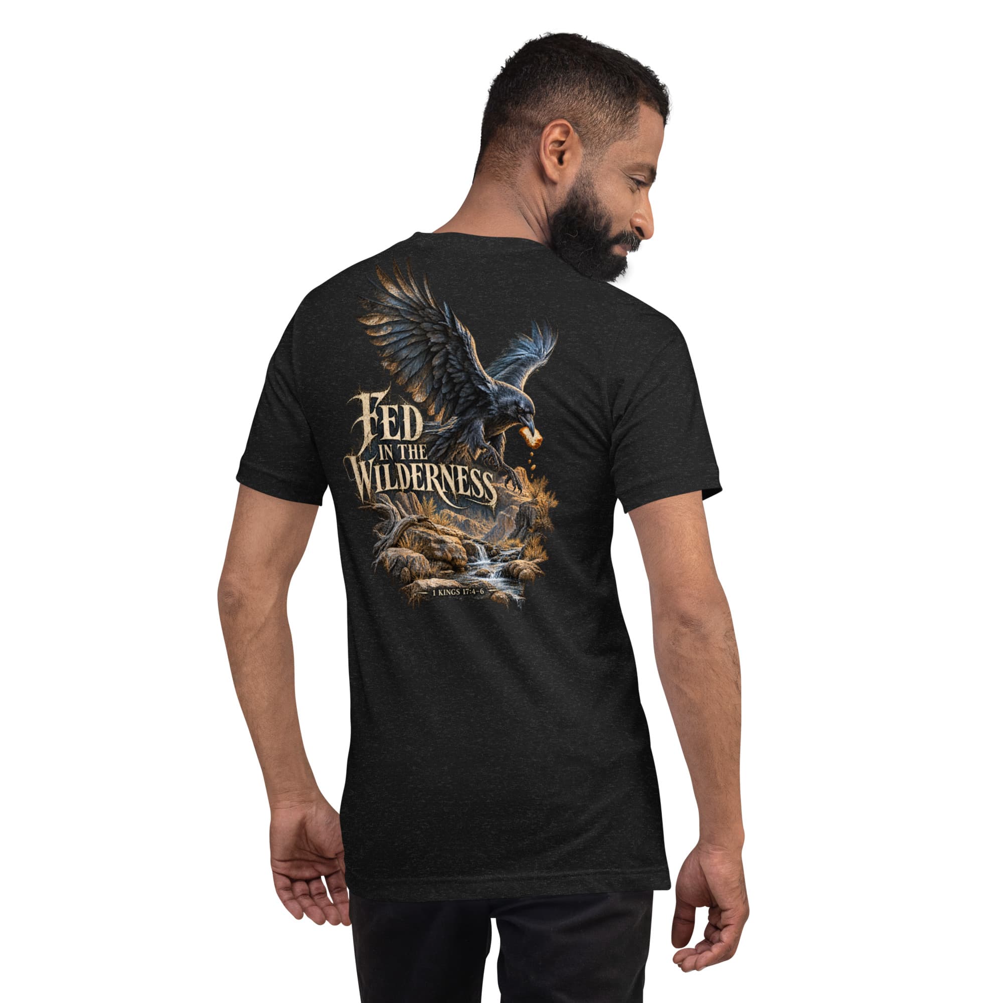 Fed in the Wilderness T-Shirt, Black Heather, Back, worn