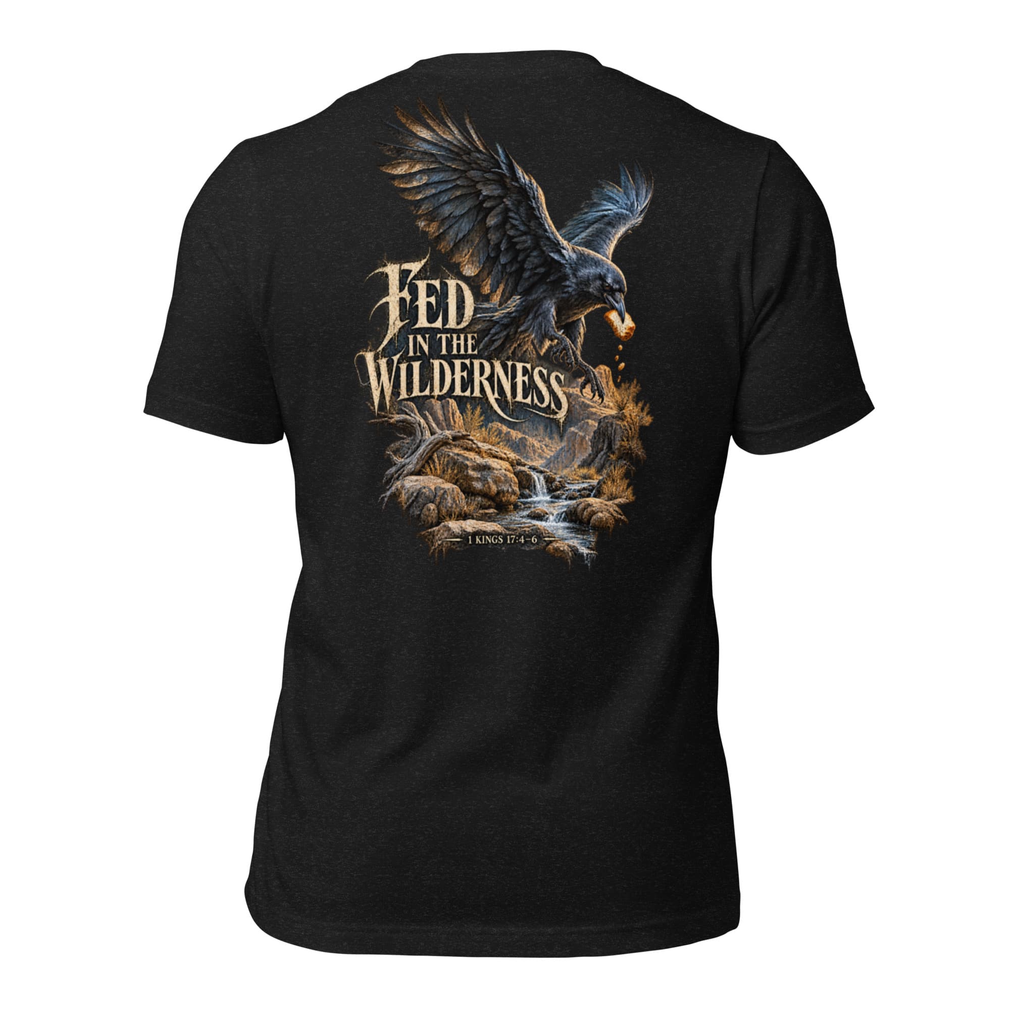 Fed in the Wilderness T-Shirt, Black Heather, Back