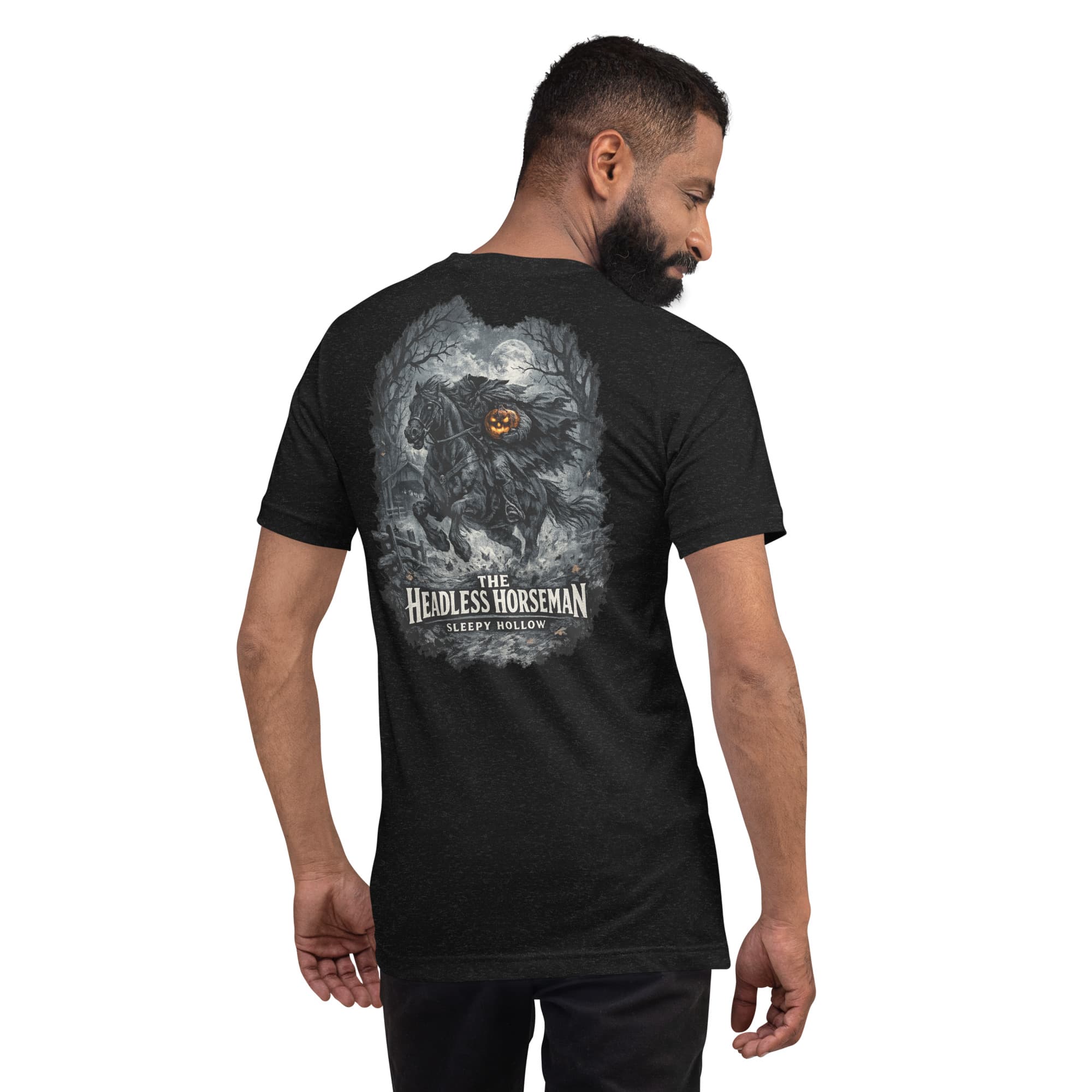 Headless Horseman T-Shirt, Black Heather, Back, worn