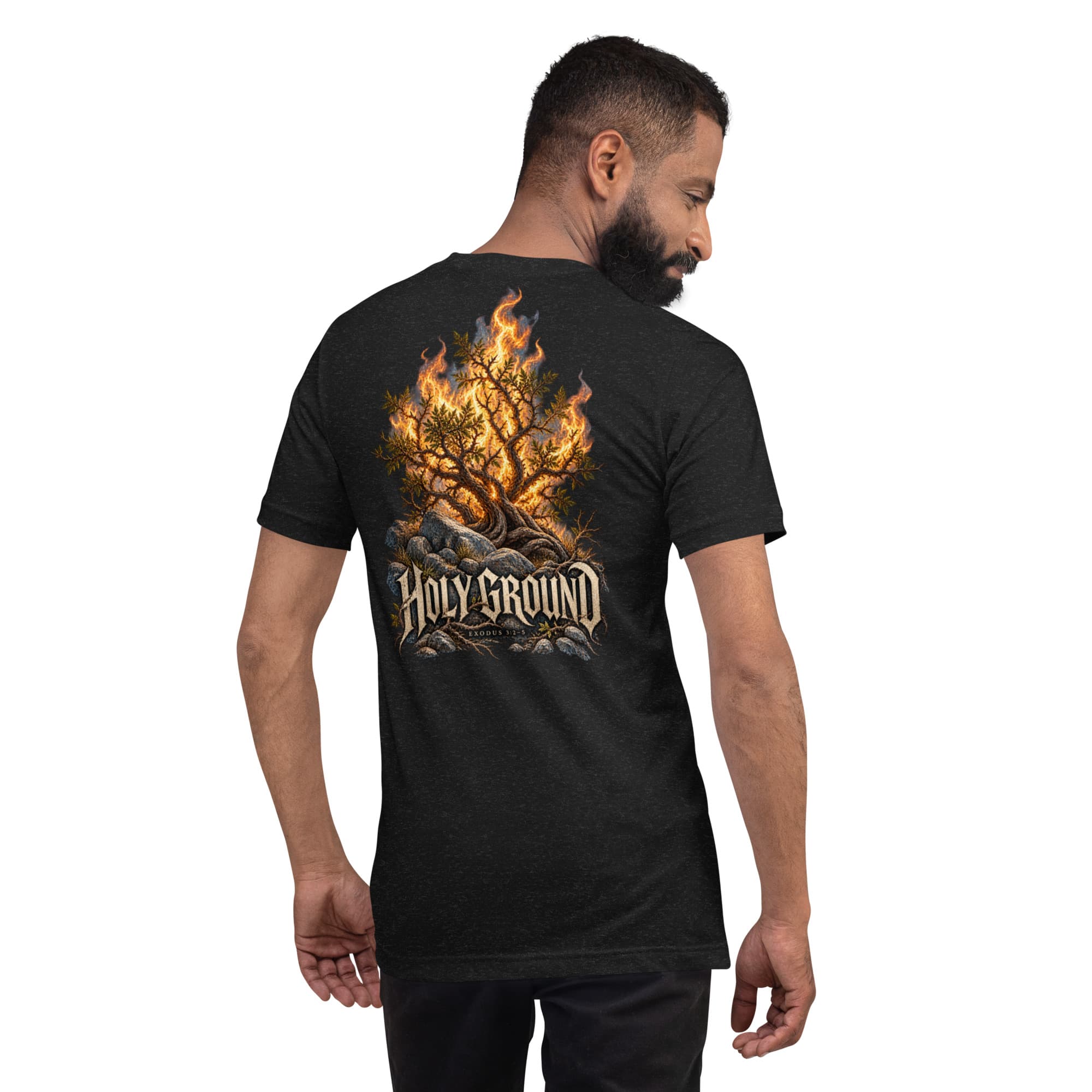 Holy Ground T-Shirt, Black Heather, Back, worn