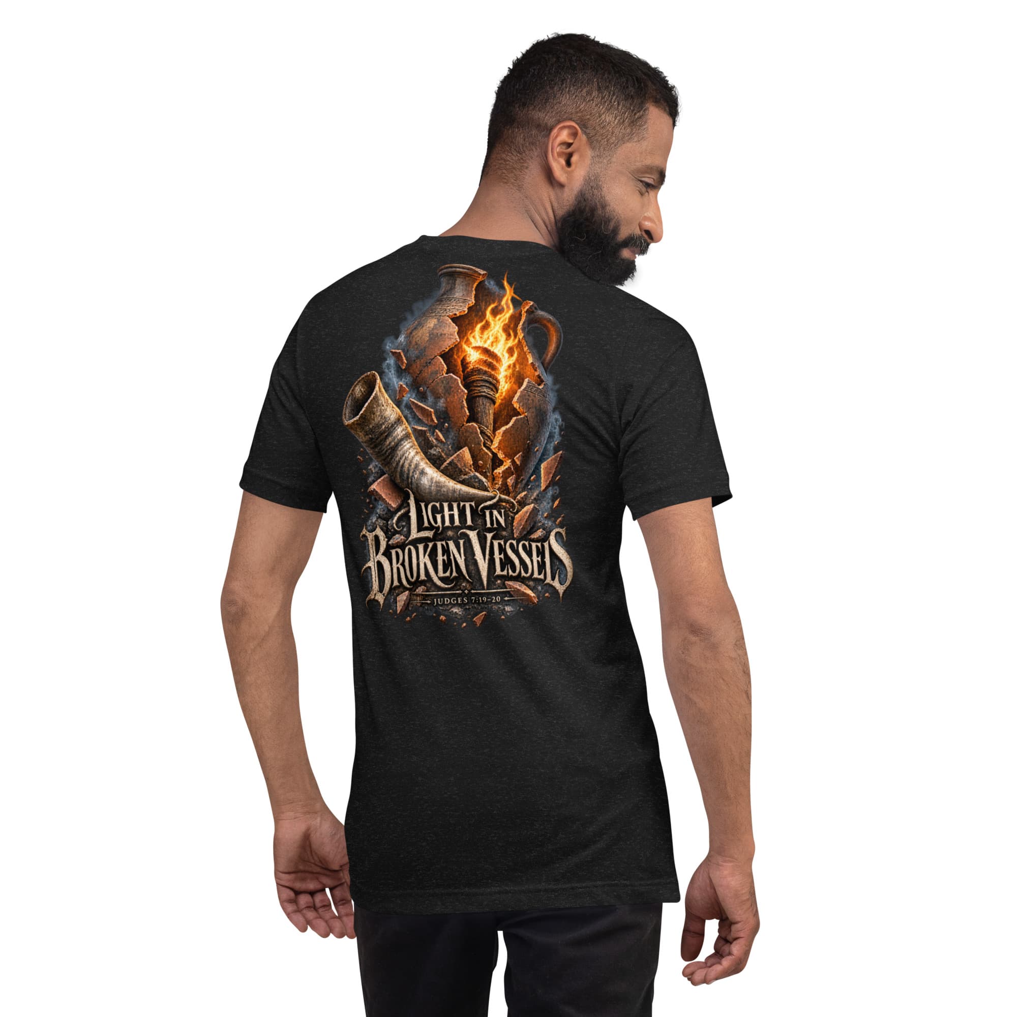 Light in Broken Vessels T-Shirt, Black Heather, Back, worn
