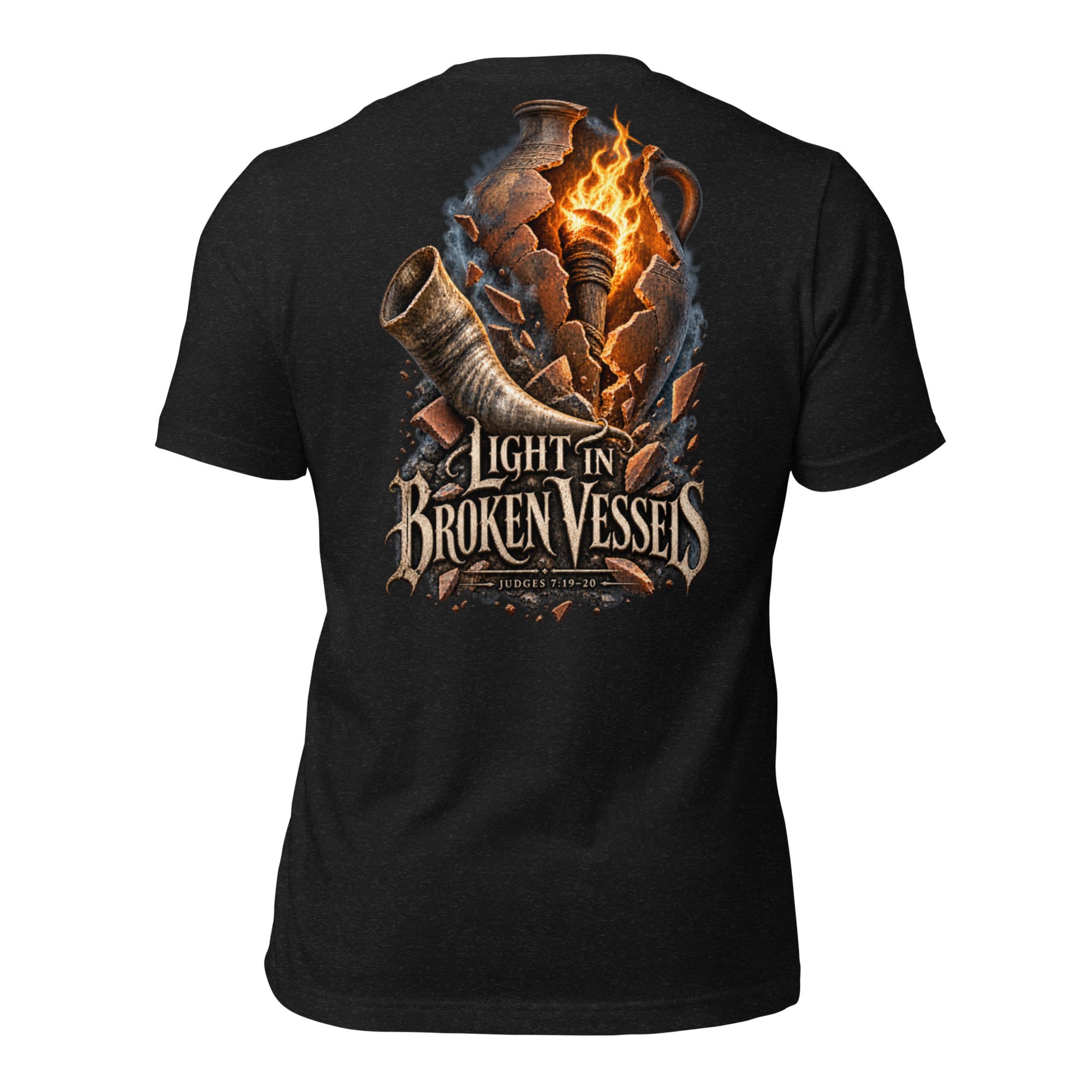 Light in Broken Vessels T-Shirt, Black Heather, Back