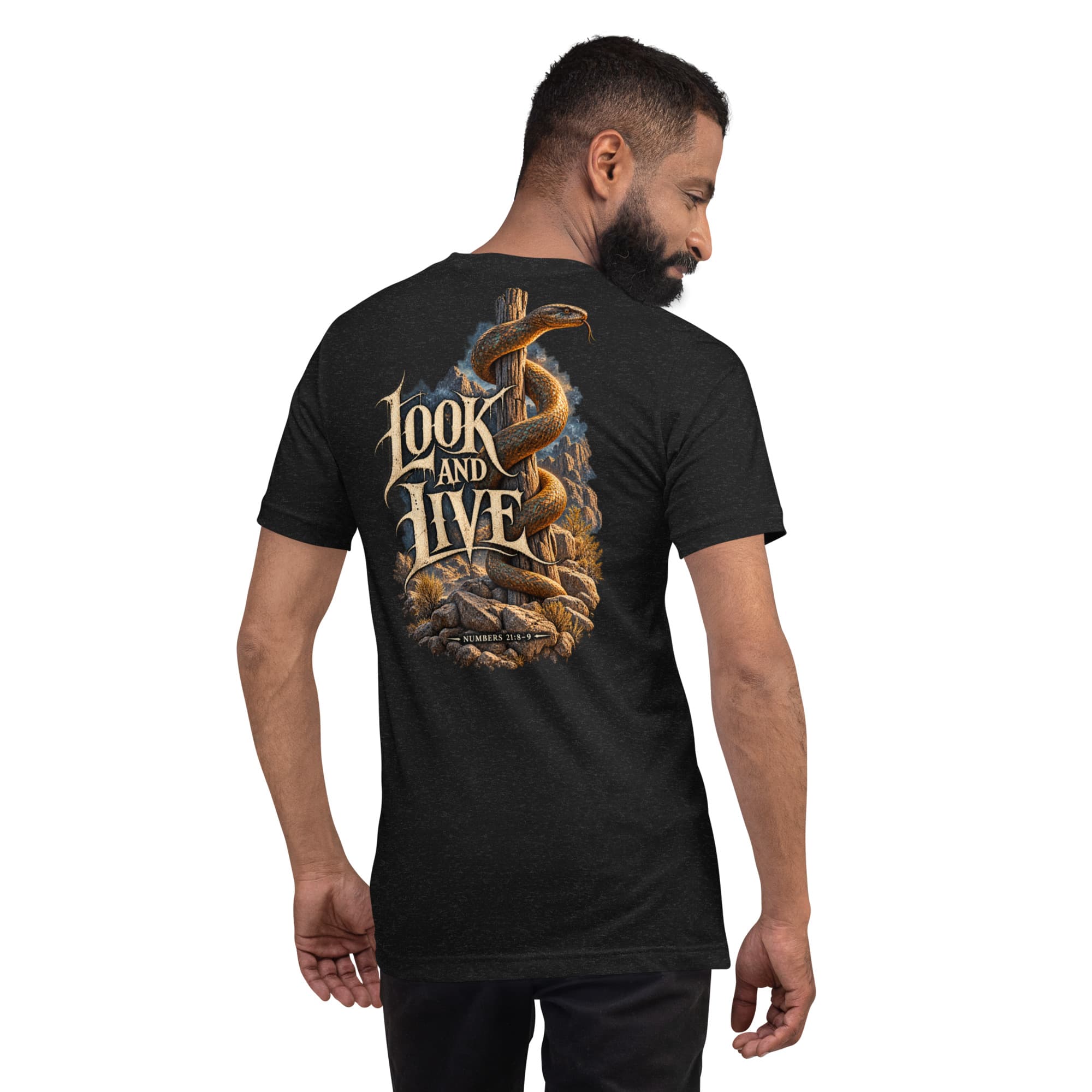 Look and Live T-Shirt, Black Heather, Back, worn