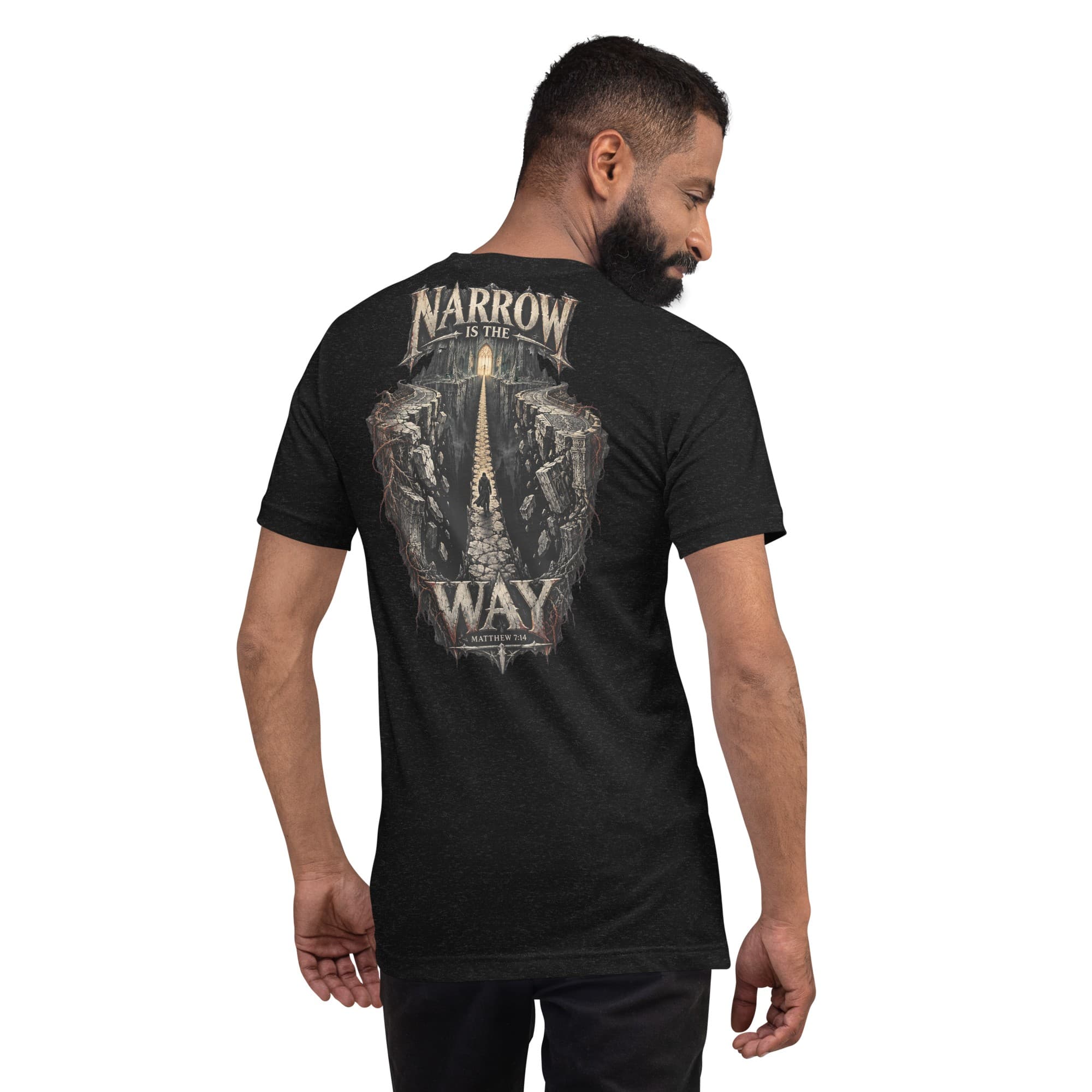 Narrow Is The Way T-Shirt, Black Heather, Back, worn