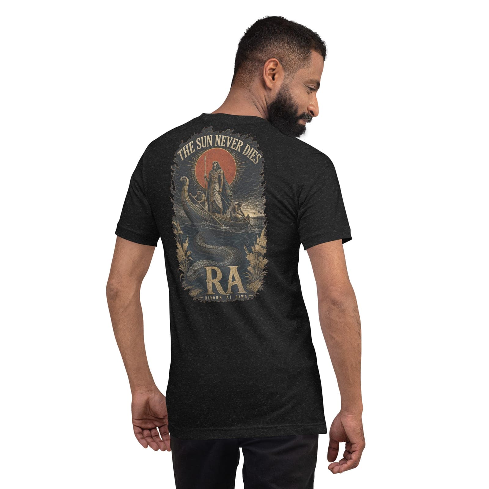 Ra T-Shirt, Black Heather, Back, worn