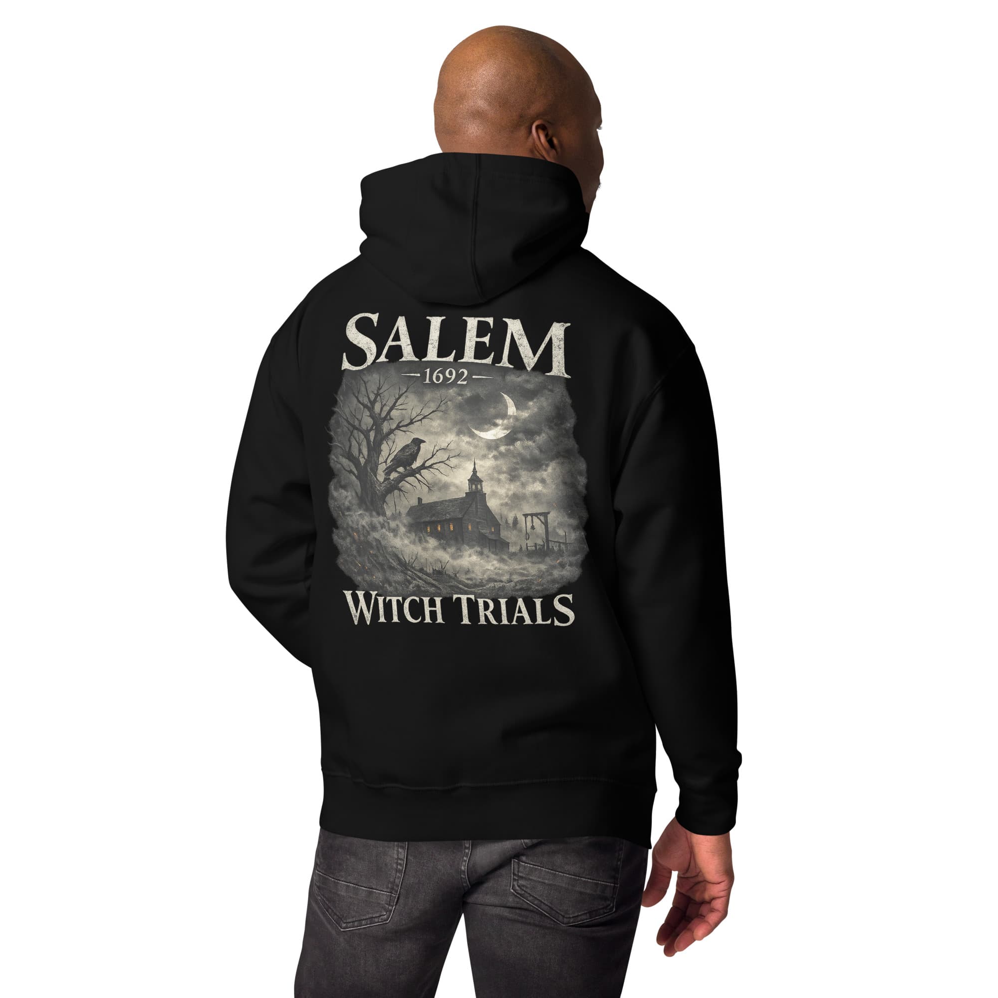 Salem Witch Trials Hoodie, Black, Back, worn