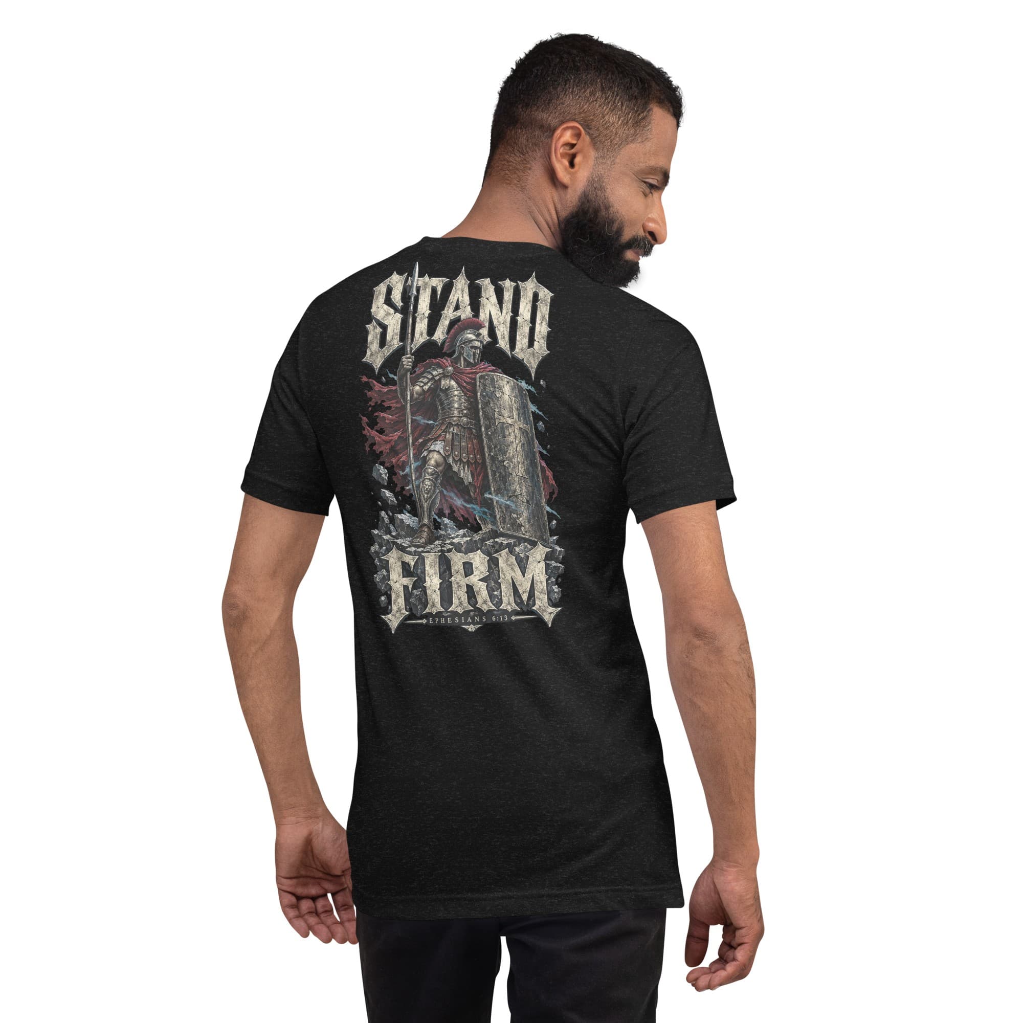 Stand Firm T-Shirt, Black Heather, Back, worn