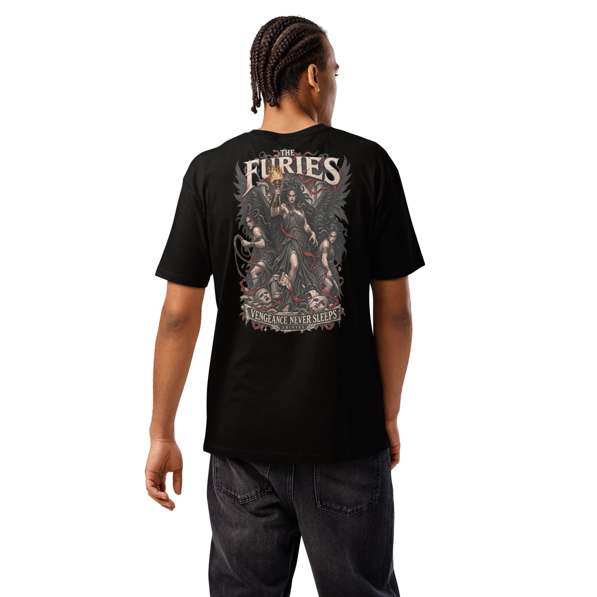 The Furies T-Shirt, Black, Back, worn