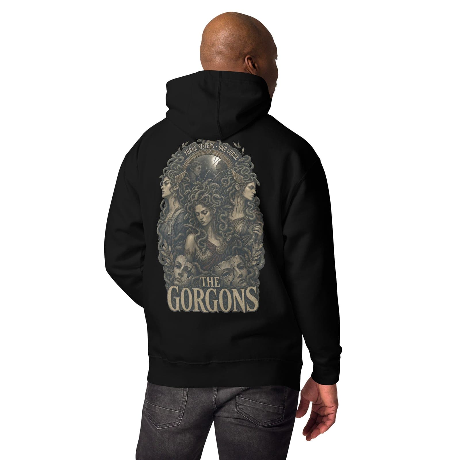 The Gorgons Hoodie, Black, Back, worn