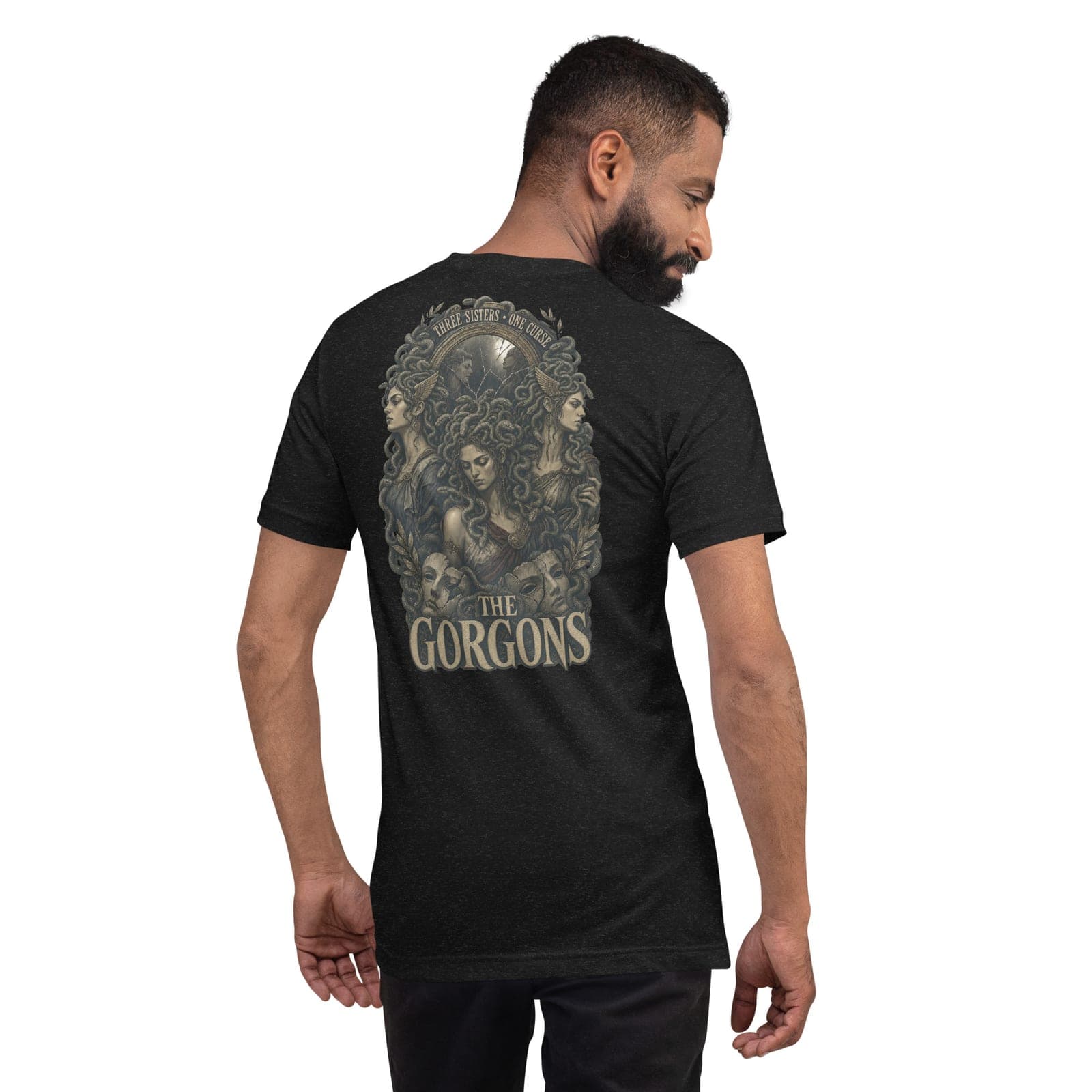 The Gorgons T-Shirt, Black Heather, Back, worn