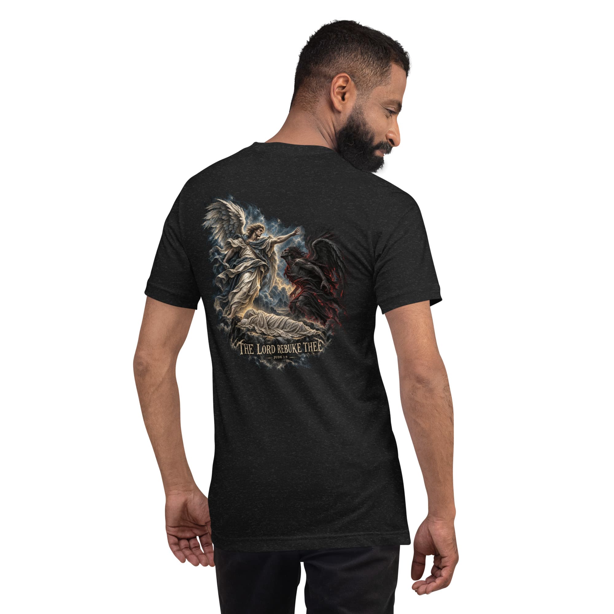 The Lord Rebuke Thee T-Shirt, Black Heather, Back, worn