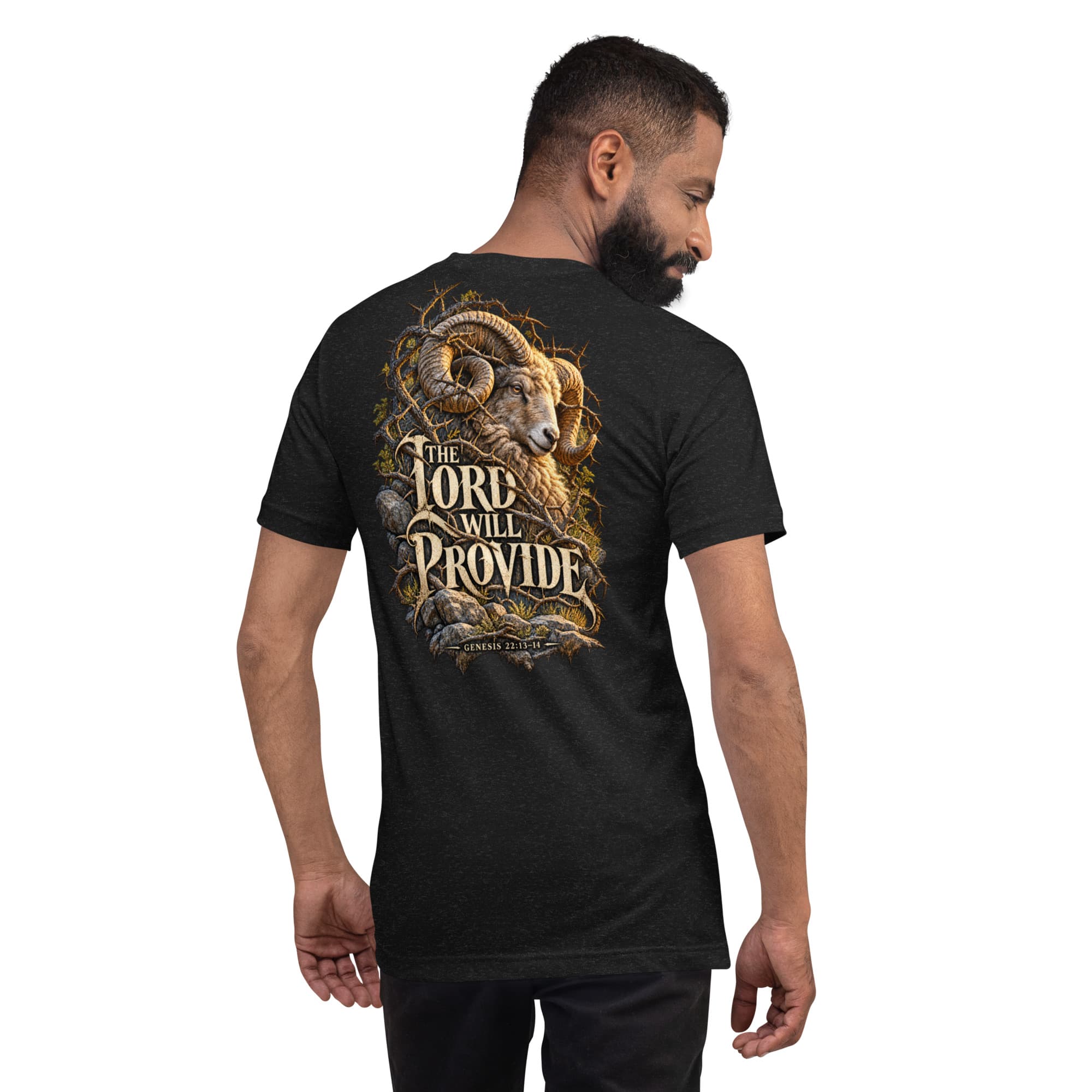 The Lord Will Provide T-Shirt, Black Heather, Back, worn