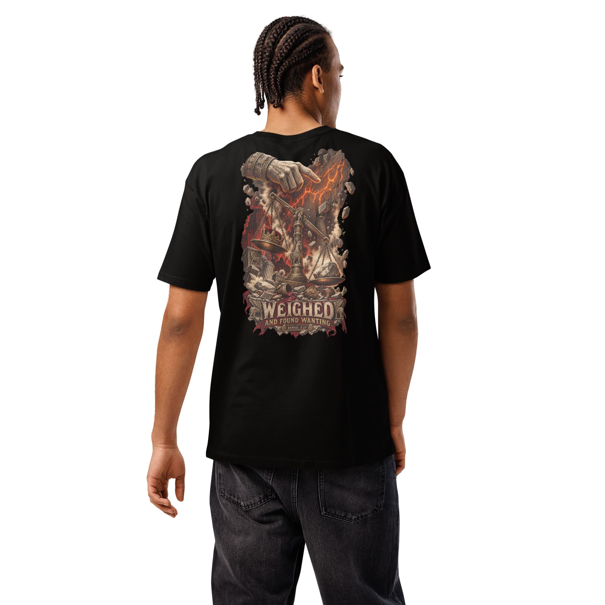 Weighed and Found Wanting T-Shirt, Black, Back, worn