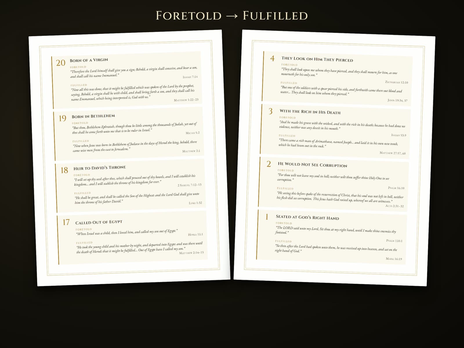 Two pages of prophecy cards, each pairing a prophecy with its fulfillment
