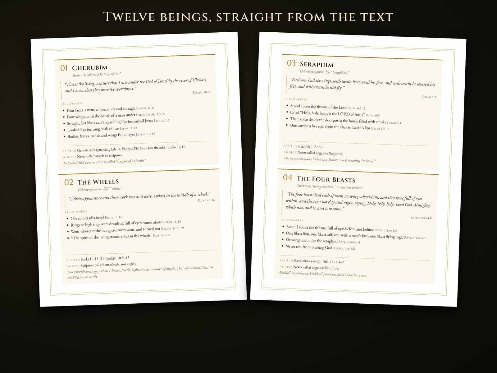 Field guide entries for the cherubim, the wheels, the seraphim and the four beasts