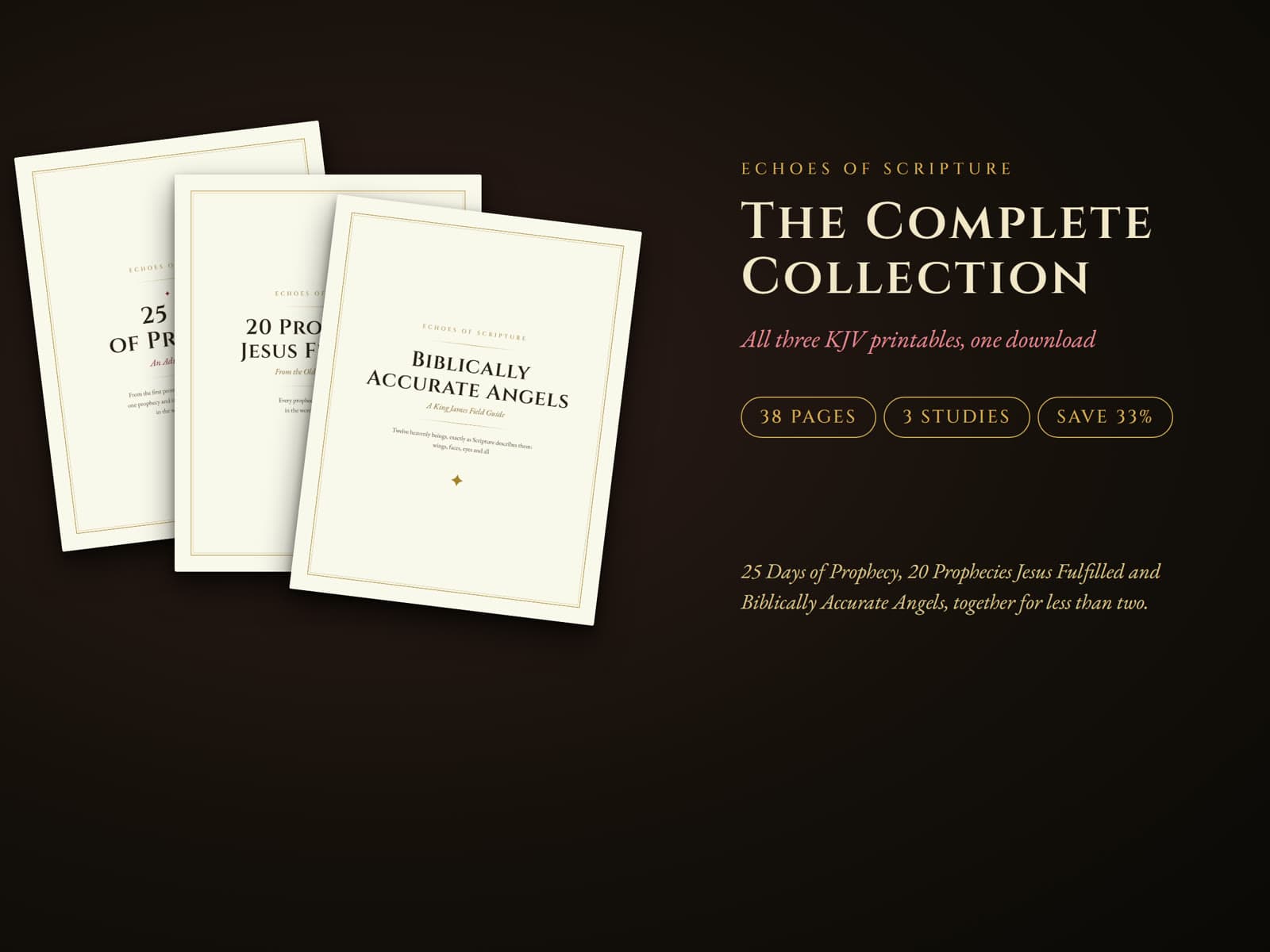 The covers of all three printables fanned out: 25 Days of Prophecy, 20 Prophecies Jesus Fulfilled and Biblically Accurate Angels